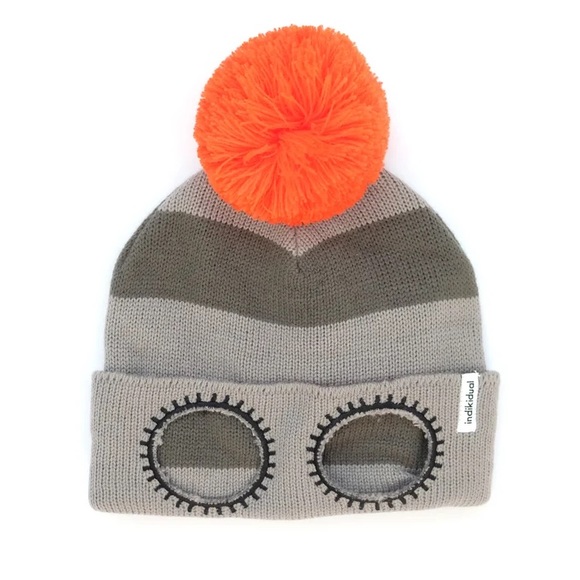 {Indikidual} Knitted stripe balaclava hat with funny eye holes and pom pom - Picture 5 of 13